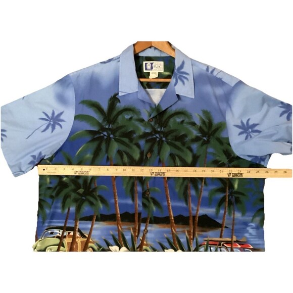 RJC Men’s Vtg Hawaiian Shirt 2XL Blue White Station Wagon Cars Aloha Pocket - Picture 13 of 16